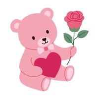 A teddy bear holding a rose in its mouth. The bear is pink and has a bow around its neck. The rose is red and has green leaves. Concept of love and affection vector