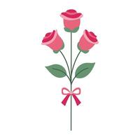 A bouquet of three red roses with a pink ribbon tied around the stem. The roses are arranged in a way that they are all facing the same direction, giving the impression of a single flower vector