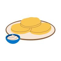 Three pancakes on a plate with a blue bowl of sauce in the background vector