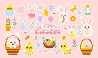 A collection of Easter themed stickers featuring rabbits, birds, and flowers. The stickers are arranged in a basket and are meant to bring joy and cheer to those who see them vector
