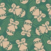 Seamless tropical pattern with cute sloth. Pattern with sloth and tropical plants. Slothes and exotic plants. vector
