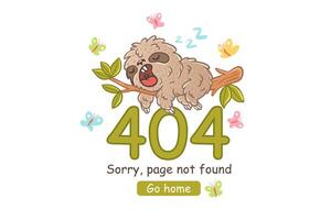Illustration of a sleep sloth on branch with green leaves for 404 error web page. Webpage 404 with sloth and butterflyes. vector