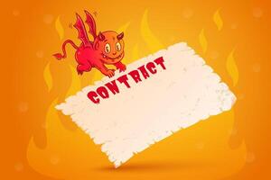 Illustration of a cute devil with contract. Devil contract is on old paper. vector