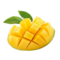 Fresh ripe mango slice with green leaves isolated against a clean transparent background for culinary presentations, ripe mango slice isolated on transparent background png
