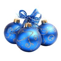 Elegant blue Christmas balls tied with a ribbon for festive decoration on a bright backdrop, blue christmas balls with ribbon decoration isolated transparent background png