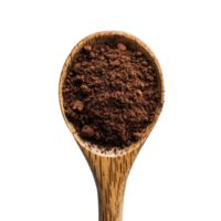 Coffee powder in a wooden spoon against a transparent background, showcasing rich texture and color, coffee powder in wood spoon on transparent background png