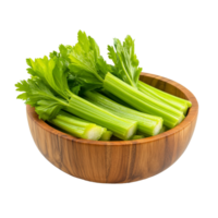 Fresh green celery sticks arranged in a wooden bowl on a transparent background for culinary presentations or healthy meal ideas, Celery in wood bowl isolated on transparent background png