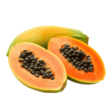 Fresco maduro papaya cortar en medio, exhibiendo brillante naranja carne y negro semillas en contra un transparente fondo, maduro papaya en transparente antecedentes antecedentes png
