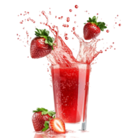 Fresh strawberry juice splashes dramatically with whole strawberries surrounding a glass on a bright background, Strawberry juice splashing with its fruits isolated png