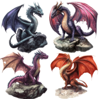 Four distinct fantasy dragons are displayed, each striking a unique pose atop rocks, Fantasy Dragons Isolated on transparent background png