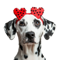 A adorable Dalmatian dog wearing a heart shaped headband against a soft transparent background to celebrate love and affection, Cute Dalmatian Dog with Heart Headband on transparent background png