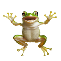 A joyful green frog leaps energetically against a pure transparent background showcasing its vibrant color and lively spirit, happy jumping green frog isolated on transparent background png