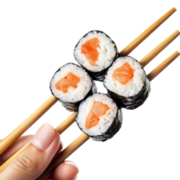 A hand uses chopsticks to pick up delicious maki roll sushi with fresh salmon filling, Hand with chopsticks eating maki roll, sushi with rice and salmon, isolated on transparent png