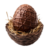 Delicious chocolate Easter egg nestled in a decorative basket filled with straw and set against a transparent background, Chocolate easter egg gift in a basket on transparent background png