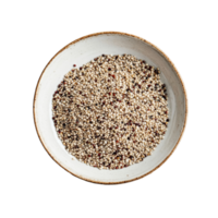 Fresh quinoa seeds in a rustic plate on a clean transparent background ready for cooking or nutritional applications, Quinoa seeds in plate on transparent background png