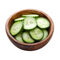 Fresh cucumber slices in a wooden bowl on a transparent background perfect for healthy eating and culinary presentations, Fresh cucumber slices in wood bowl isolated on transparent background png