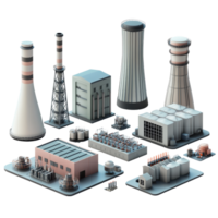Overview of local power generation facilities showcasing various units and elements, Several elements and units that make up a local power station isolated on transparent background png
