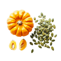 A variety of pumpkin seeds with an orange pumpkin and slices on a transparent background, Pumpkin seeds on transparent background png