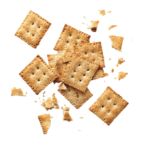 Whole wheat crackers scattered and broken on a clean, transparent background highlighting their crunchy, whole wheat cracker and broken crushed on transparent background top view isolated on transparent background png