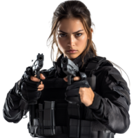 Female tactical agent in dual gun stance ready for action in a high stakes mission environment, Female Agent in Tactical Gear Holding Dual Guns Isolated on transparent background png