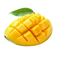 Fresh mango half with vibrant yellow flesh and green leaf isolated on a clean transparent background, Fresh mango half isolated on transparent background png