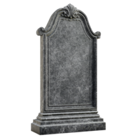 Grey tombstone standing upright against a transparent background with intricate design features, grey tombstone gravestone isolated on transparent background png