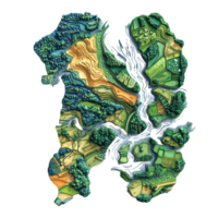 Detailed topographic map of Yorkshire highlighting its rivers, fields, and woodlands set on a clean transparent background, Yorkshire on transparent background png