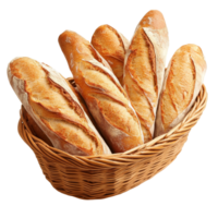 Freshly baked French baguettes in a wicker basket on a clean transparent background ready for serving, French baguettes in a basket on transparent background png