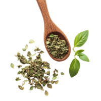 Freshly harvested oregano leaves placed in a wooden spoon against a bright transparent background, Oregano spice on transparent background png