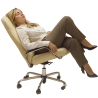 Businesswoman peacefully resting in office chair during a busy workday, Businesswoman falling asleep on a chair file no background png