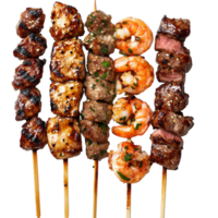 Delicious teriyaki chicken, beef satay, and garlic shrimp skewers arranged beautifully on a platter, Skewers with Teriyaki Chicken, Beef Satay, and Garlic Lemon Shrimp on transparent background png