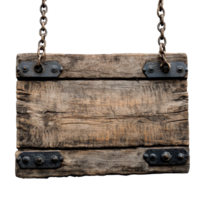Rustic medieval wooden signboard hanging with chains isolated on a transparent background, old medieval wood board hanging isolated on transparent background png