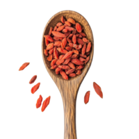 Dried goji berries in a wooden spoon resting on a transparent background, showcasing their vibrant red color and texture, dried goji berries in wood spoon on transparent background png