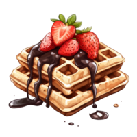 Delicious waffles topped with syrup and fresh strawberries for a delightful breakfast treat, Delicious Waffles Topped with Syrup, Strawberries and chocolate On transparent background png