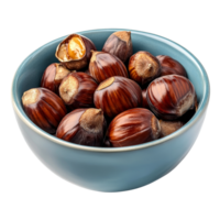 Roasted chestnuts in a blue bowl on a transparent background showcasing autumn flavors and warmth, Roasted chestnuts in a bowl on a transparent background png