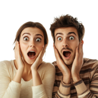 Amazed young couple expressing joy and surprise in a bright, isolated setting, happy amazed couple of young people, file of isolated object on transparent background png