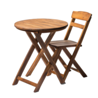 Round wooden table and foldable chair set against a clean transparent background for versatile home or office use, Wood table and chair on transparent background. wooden table with chair transparent background png