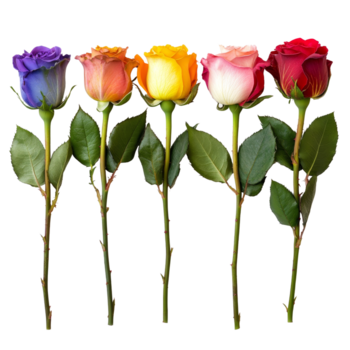 ein beschwingt Reihe von multi farbig Rose Blumen angezeigt schön gegen ein transparent Hintergrund, Reihe von mehrfarbig Rose Blumendatei von isoliert Objekt auf transparent Hintergrund png