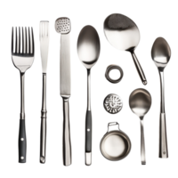 un colección de diverso cocina utensilios arreglado pulcramente en un transparente fondo, exhibiendo esencial Cocinando herramientas, cocina utensilio en transparente antecedentes archivo png