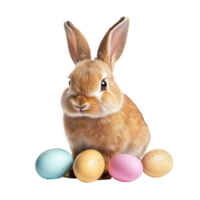 A playful bunny with colorful Easter eggs on a bright transparent background celebrating the joy of Easter festivities, funny bunny easter with eggs on transparent background png