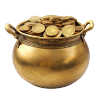 Golden pot overflowing with shiny coins set against a clean transparent background, Golden Pot Full of Coins on transparent background png