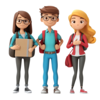 A group of three cartoon students posing together on a plain background ready for school activities, Group of 3D cartoon student on transparent background png