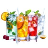 Refreshing summer drinks with ice and colorful fruits on a transparent background for hot days, Summer drinks with ice on transparent background png