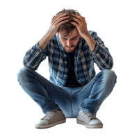 A distressed man sitting on the floor, holding his head in despair, reflecting an emotional crisis at home, sad man is going through a crisis or is sick, file of isolated object on transparent background png