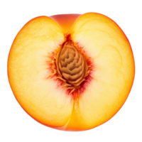 Fresh peach fruit slice with vibrant yellow and orange colors isolated on a transparent background, Peach fruit slice isolated on transparent background png