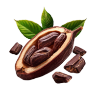 Cocoa pod with chocolate pieces and fresh leaves isolated on a black background, Cocoa isolated on alpha layer png