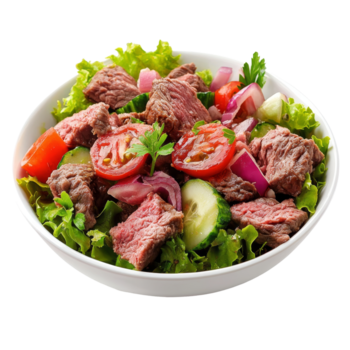 delicioso frío carne de vaca ensalada con Fresco vegetales servido en un cuenco en un limpiar transparente antecedentes Perfecto para sano comiendo entusiastas, frío carne de vaca ensalada parte superior ver aislado en transparente antecedentes png