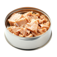 Canned tuna chunks in a silver tin on a transparent background for easy meal preparation and storage options, canned tuna isolated on transparent background png