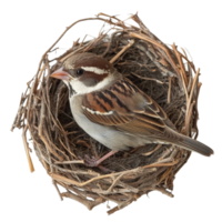A beautiful sparrow resting in its intricate nest on a soft transparent background, beautiful sparrow in its nest on transparent background png