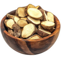 Freshly sliced Fingerroot Kaempfer Boesenbergia displayed in a wooden bowl during a culinary preparation session, slice Fingerroot, Kaempfer, Boesenbergia in twe wood bowl on transparent background png